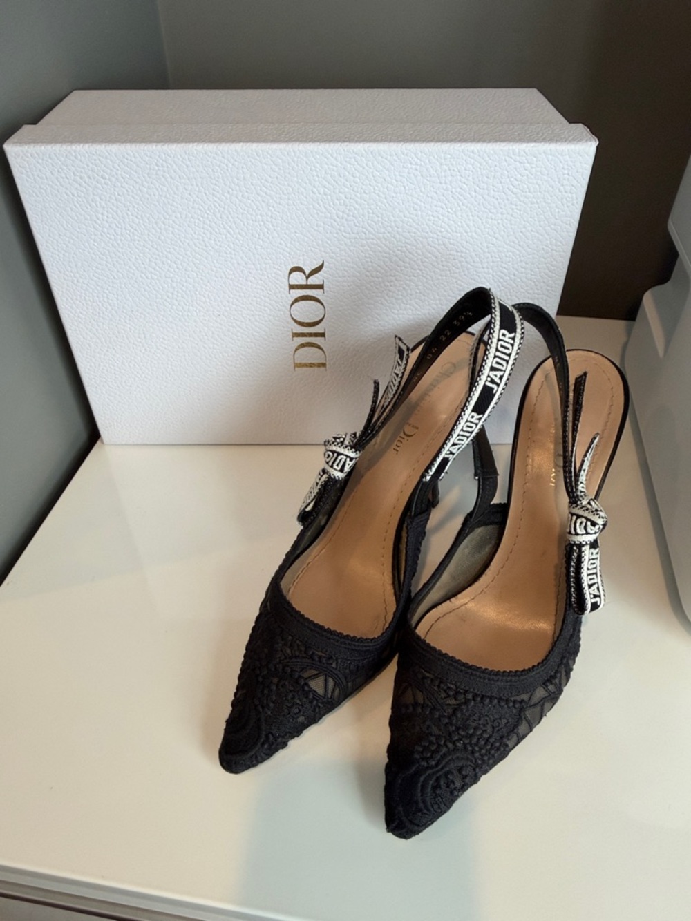 Dior Black Lace Slingback Pumps with J'Adior Ribbon